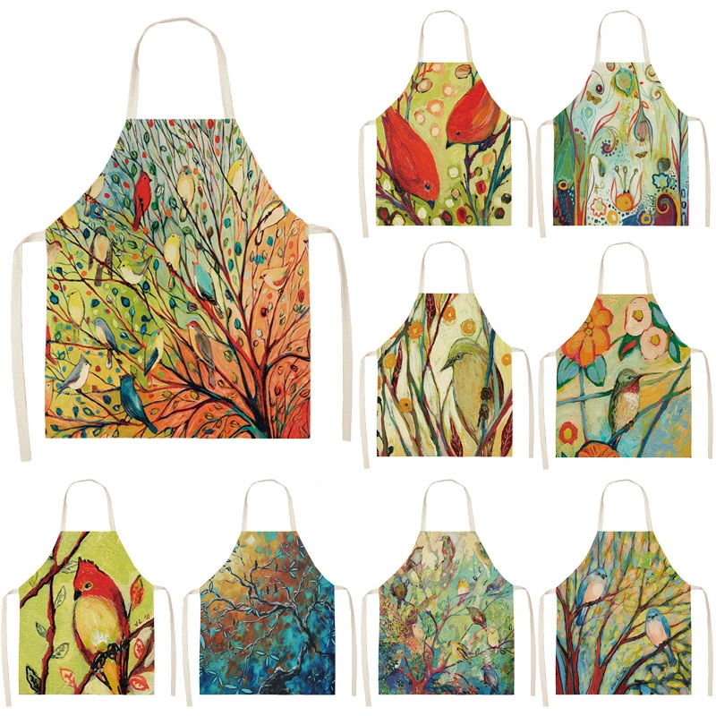 1Pcs Color Forest bird Pattern Cleaning Art Aprons Home Cooking Kitchen Apron Cook Wear Cotton Linen Adult Bibs 53*65cm WQ0147