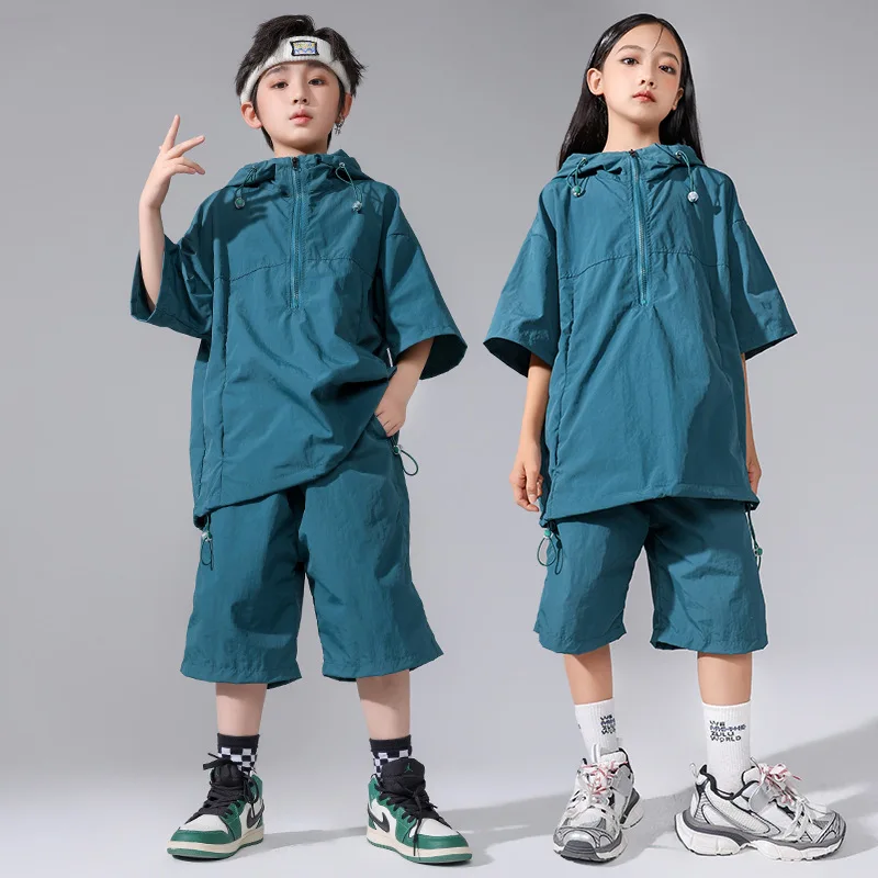 Children Boys Girls Summer Loose Casual Hip Hop Quick Dry Streetwear Short Sleeve Hood T-shirt Shorts Sets Kids Tracksuits