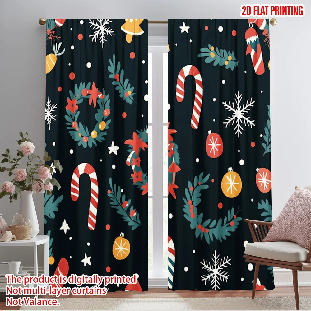 2pcs,2D plane printing Print Curtains Christmas Tree Wreath Candy Cane (2) Versatile 100% Polyester (without rod) Versatile All