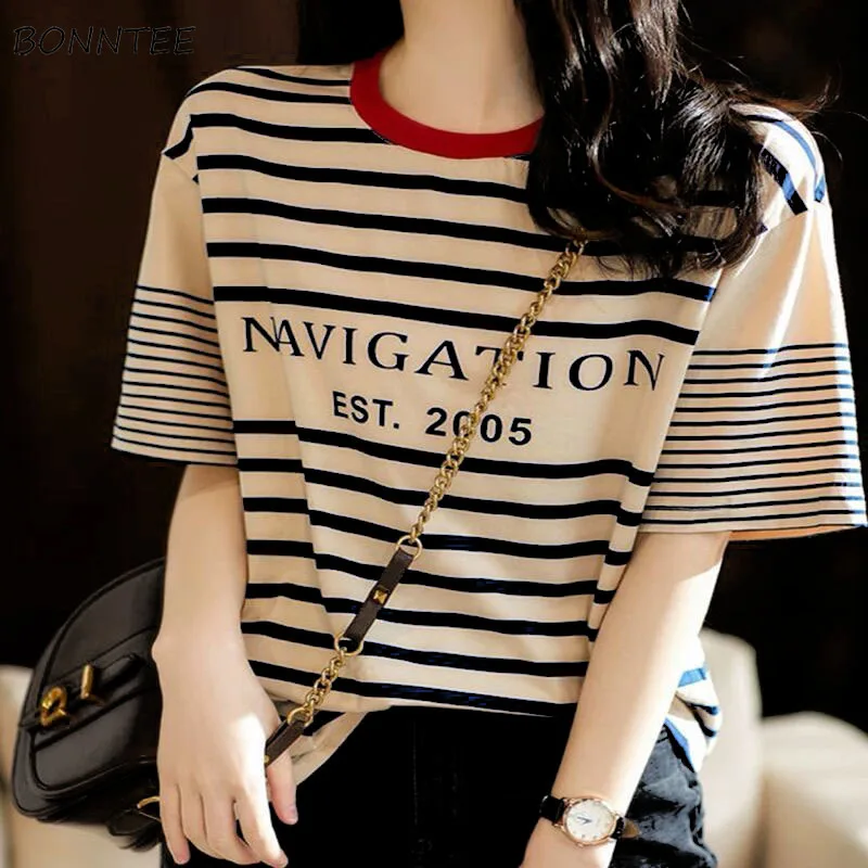 Women Short Sleeve T-shirts Summer New Letter O-neck Casual Loose Korean Style College Students All-match Tops Trendy Chic Femme