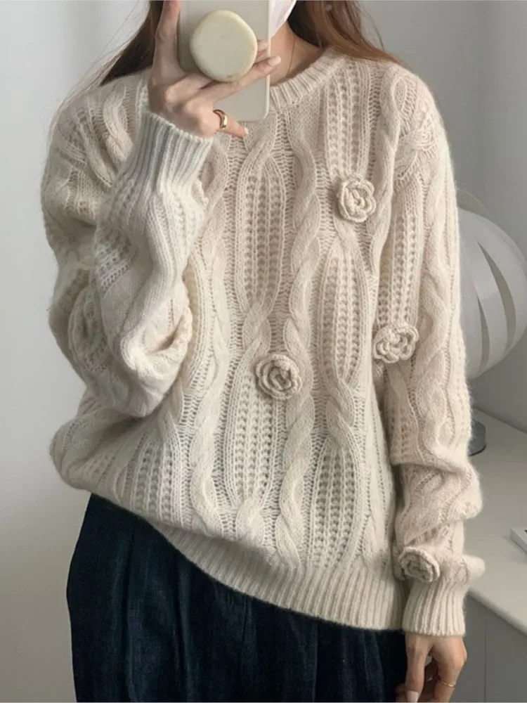 

Embroidered Flower Knitt Sweater Women Autumn 2023 New Fashion Korean Casual Loose Pullover Long Sleeve Round Neck Knitwear