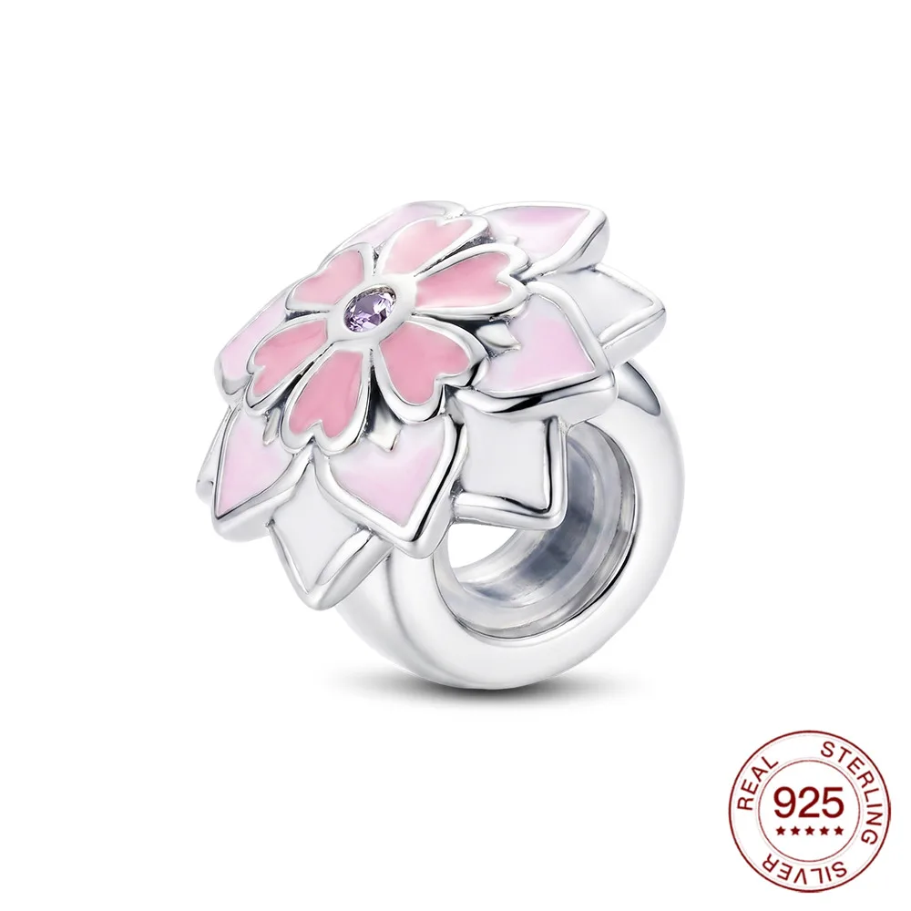 925 Sterling Silber Rosa Kirschblüten-Charms Naturanhänger Passend für Original-Armbänder DIY Schmuckherstellung für Frauen Geschenke