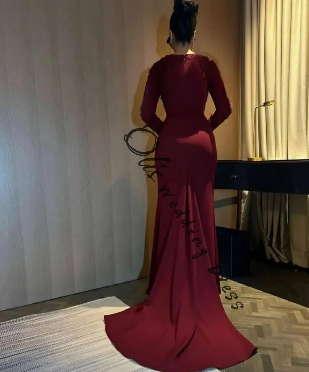 カスタムメイドのマーメイドロングスリーブスクエアネックプロムドレス、フロア丈パーティードレス、プリーツビーズレースイブニングドレス