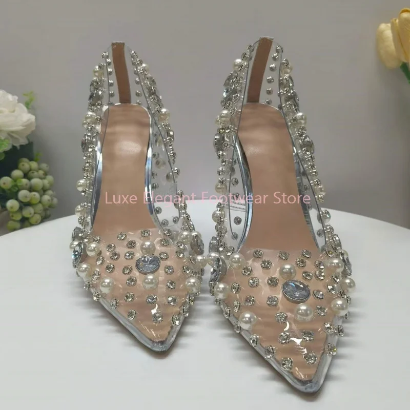 Clear PVC Rhinestone Pearl Decor Pointed Toe Sandals Women Cover Heel Slip On Thin High Heels Luxury Wedding Party Dress Shoes