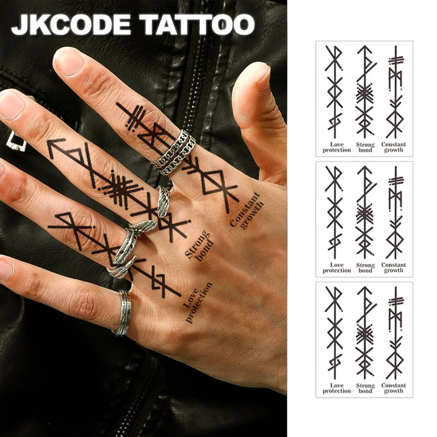 Ink Tattoo Ancient Viking Peace Ancient Text Totem“ Love” and Strong Bond” Meaning Pattern Finger Tattoo Rock Style Hand Neck Finger Tattoo Cool Men's and Women's Totem Multi-Purpose Tattoo Stickers Long-Lasting Waterproof 3-7 Days