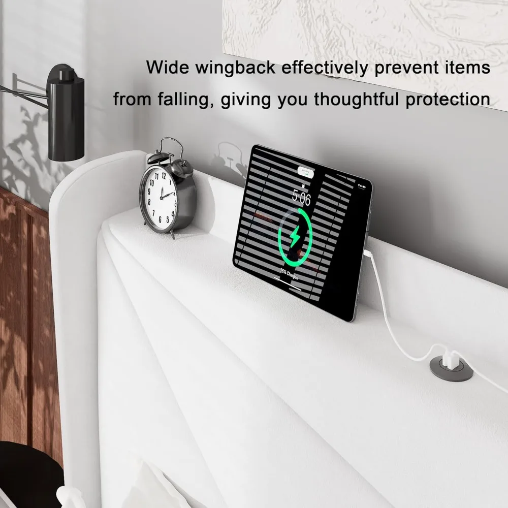 سرير بمنصة كوين مغطاة بالمخمل مع لوح أمامي وتخزين بأجنحة، بما في ذلك محطة شحن #5