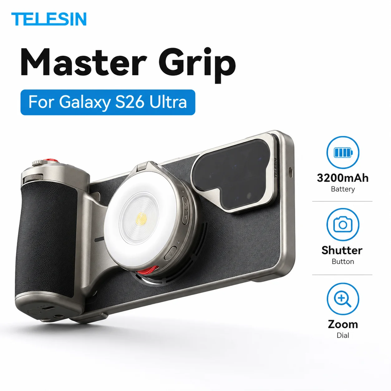 TELESIN Master Grip for Samsung Galaxy S26 Ultra Magnetic Camera Grip 3200mAh Wireless Charging Shutter Zoom Dial ND16 Filter