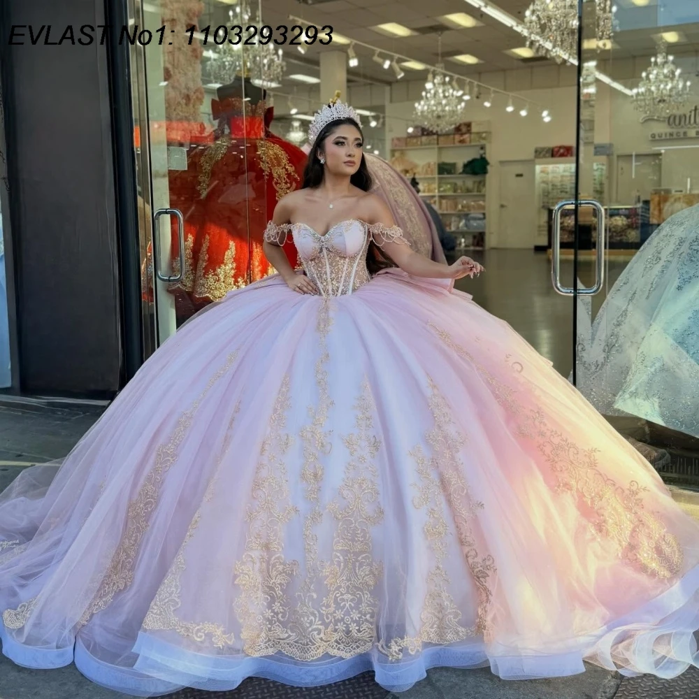 EVLAST Customized Princess Pink Quinceanera Dress Ball Gown Lace Applique Beading Mexican Sweet 16 Vestidos De 15 Anos AQ333