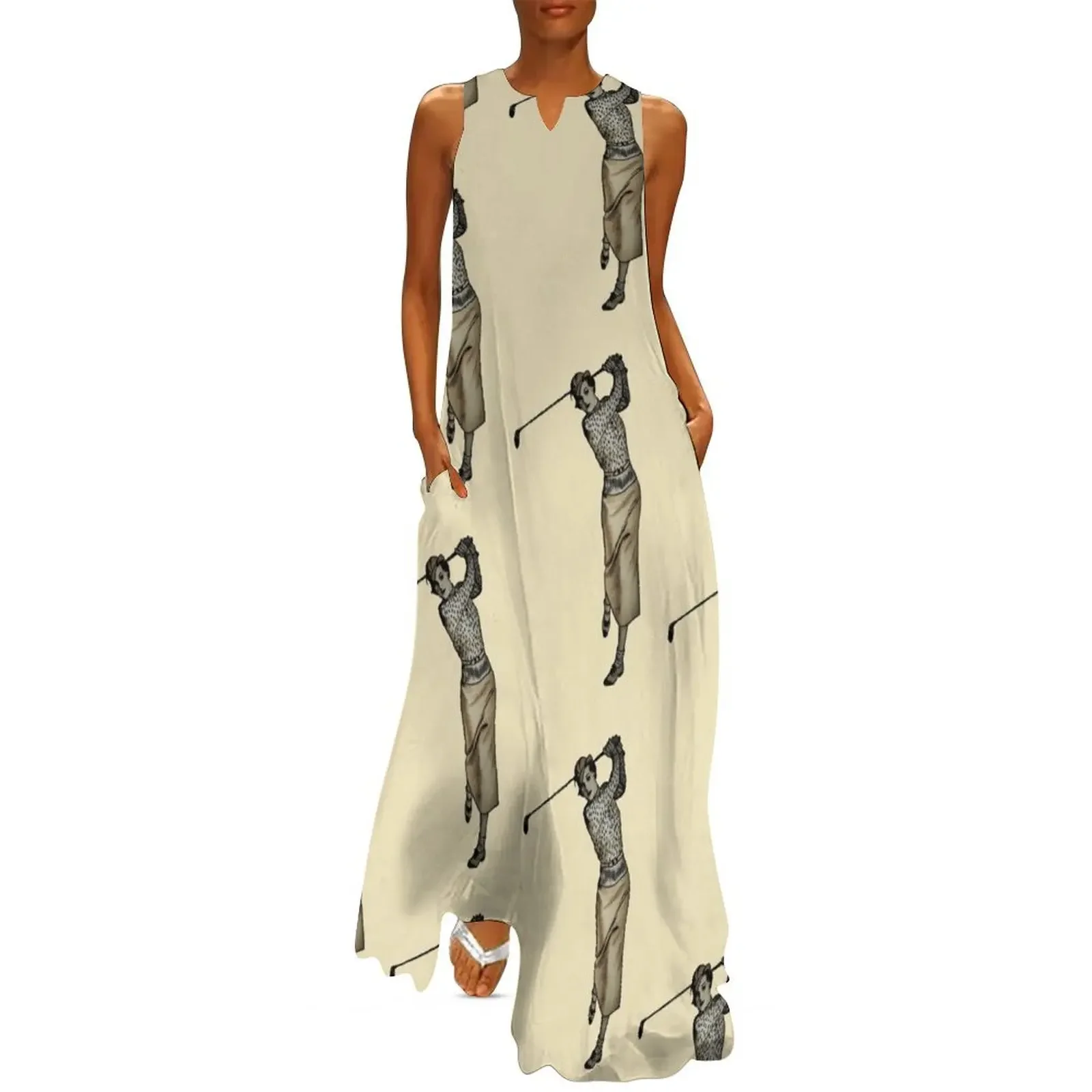 

Vintage Woman Golfer Swinging the Golf Club Long Dress Female dress ceremony dresses Dress