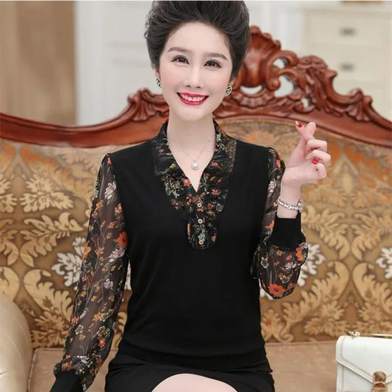 Fashion Women Floral Big Size Clothing Spring Summer Splice Long Sleeve Lace T-Shirt V-Neck Printing Pullover Loose Casual Tops