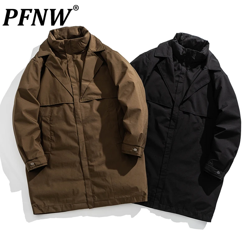 PFNW Winter New Trench Style Trendy Outerwear Thick Cotton Coat Fashion Zipper Loose Fit Long Men's Cotton-padded Coat 12C1360