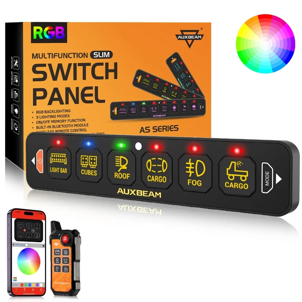 AUXBEAM AS SERIES 4/6 GANG CAR LIGHTS RGB SLIM SWITCH PANEL WITH APP & REMOTE CONTROL，TOGGLE/ MOMENTARY/ PULSED MODE SUPPORTED