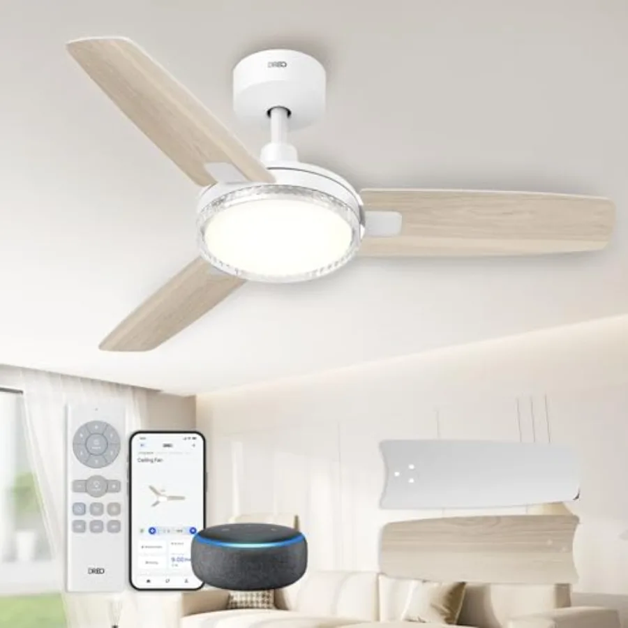 

Smart ceiling fan with light for living room, white ABS/wood, 12 speeds 3 modes, stepless color tones, dimmable LED, 1-12H time