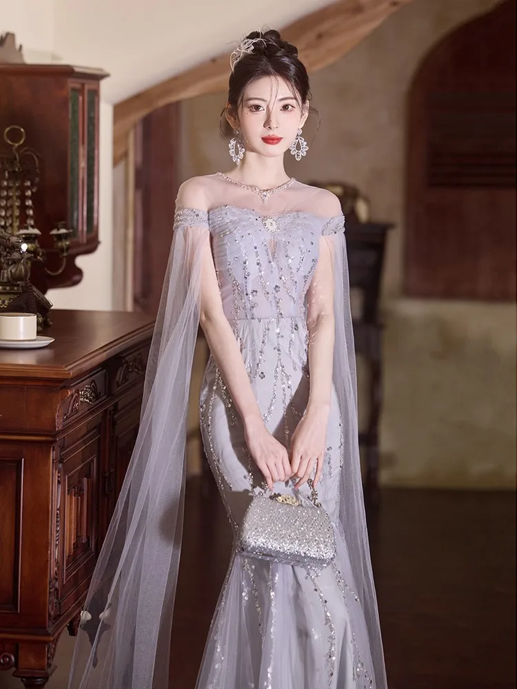 Fishtail one-shoulder high-end ethereal light luxury niche adult host toasting flash dress