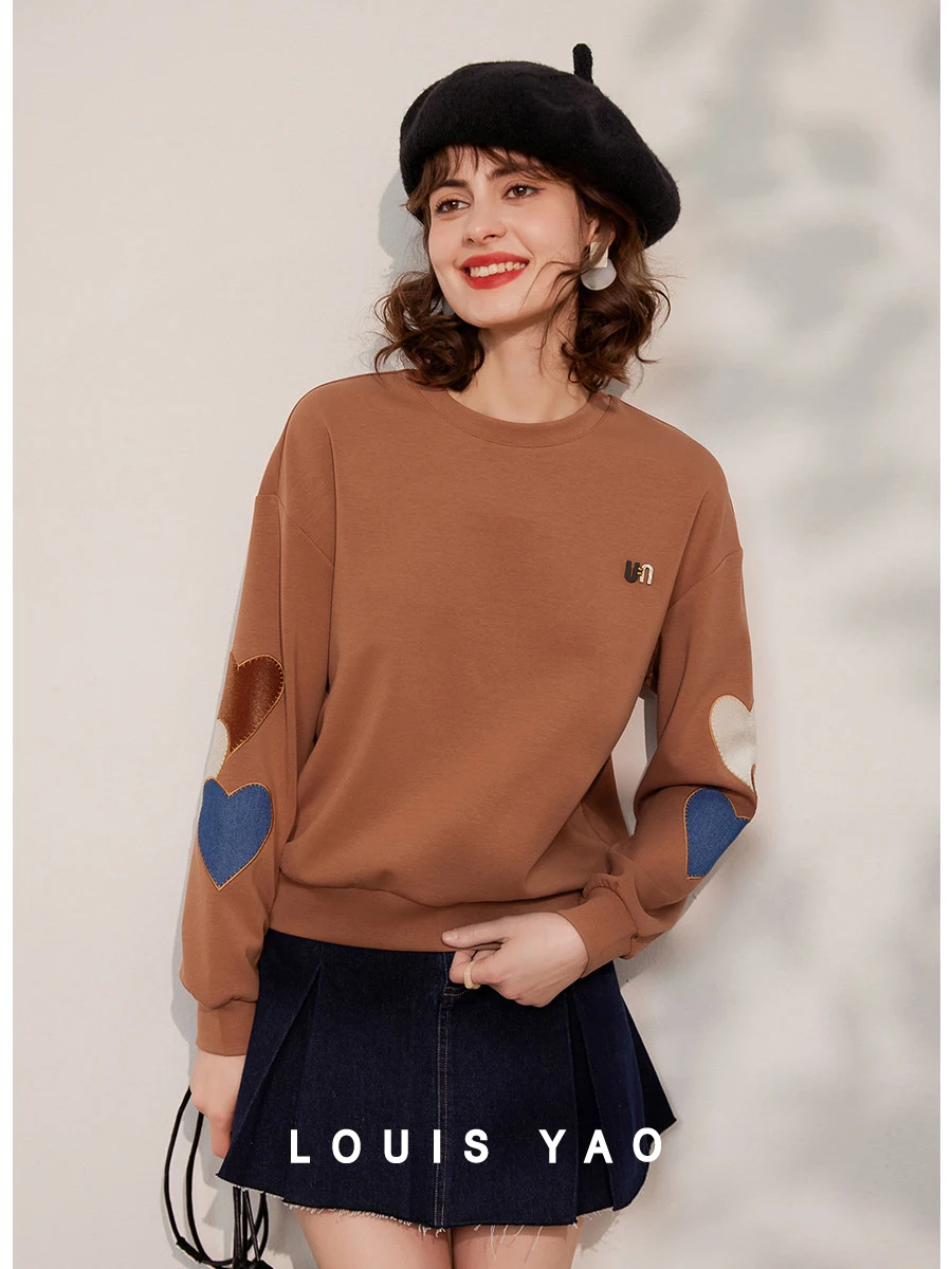 LOUIS YAO Women Sweatshirt 2024 Spring New Round Neck Long Sleeve Heart shaped Patch Loose Fit Pullover Casual Women Tops