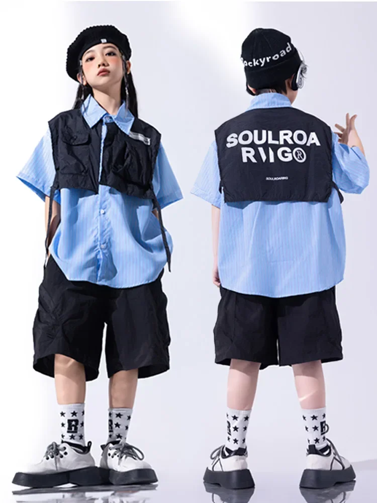 Boys Hip Hop Clothing Two-piece Top Black Short for Girls Kids Jazz Dance Costume Clothes Set Music Performance Costumes