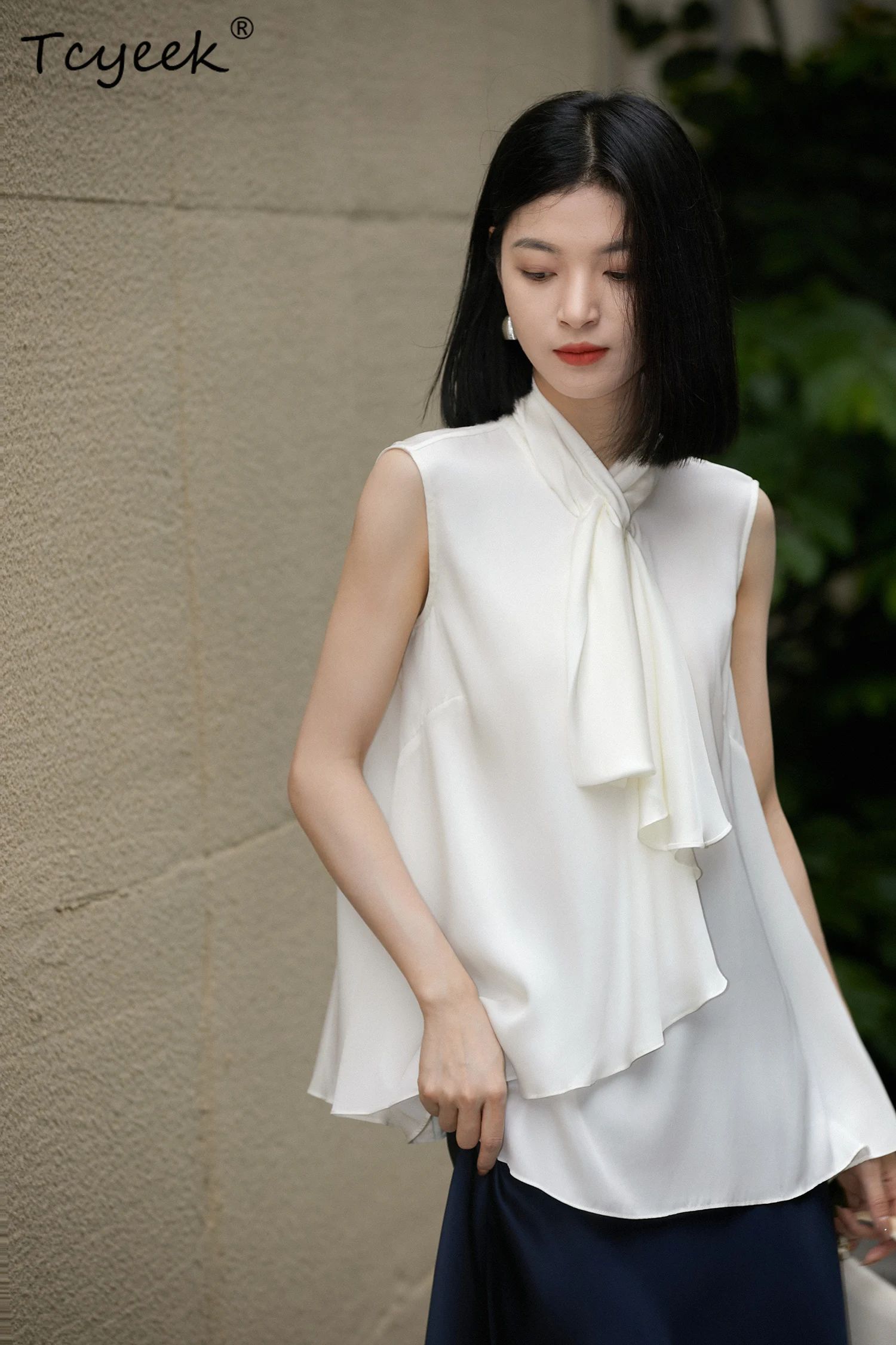 Tcyeek, chemise élégante en soie de mûrier 9%, volants sans manches avec ruban pour femmes, hauts OL de trajet à la mode, été automne 2024 T46428QM