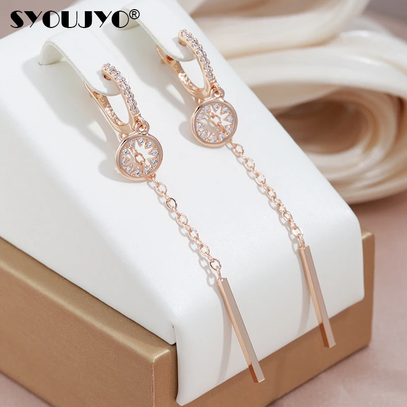 SYOUJYO Fashion Long Tassel Dangle Earrings For Women 585 Rose Gold Color Hollow Natural Zircon Fine Jewelry 2021 Trend Cute