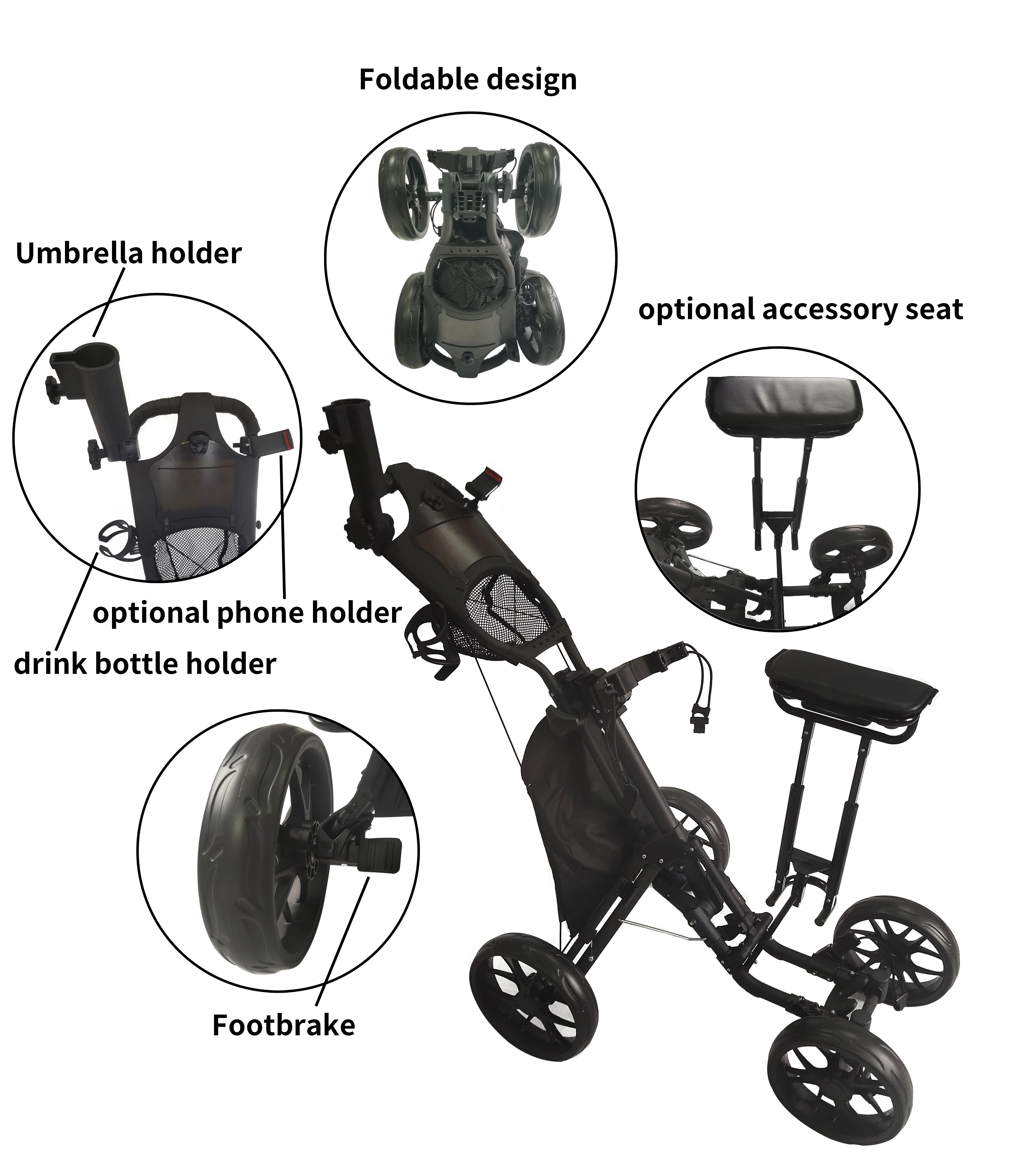 

Golf Trolley Push Cart 4 Wheels Foldable Design Golf Push Trolley with Foot Brake
