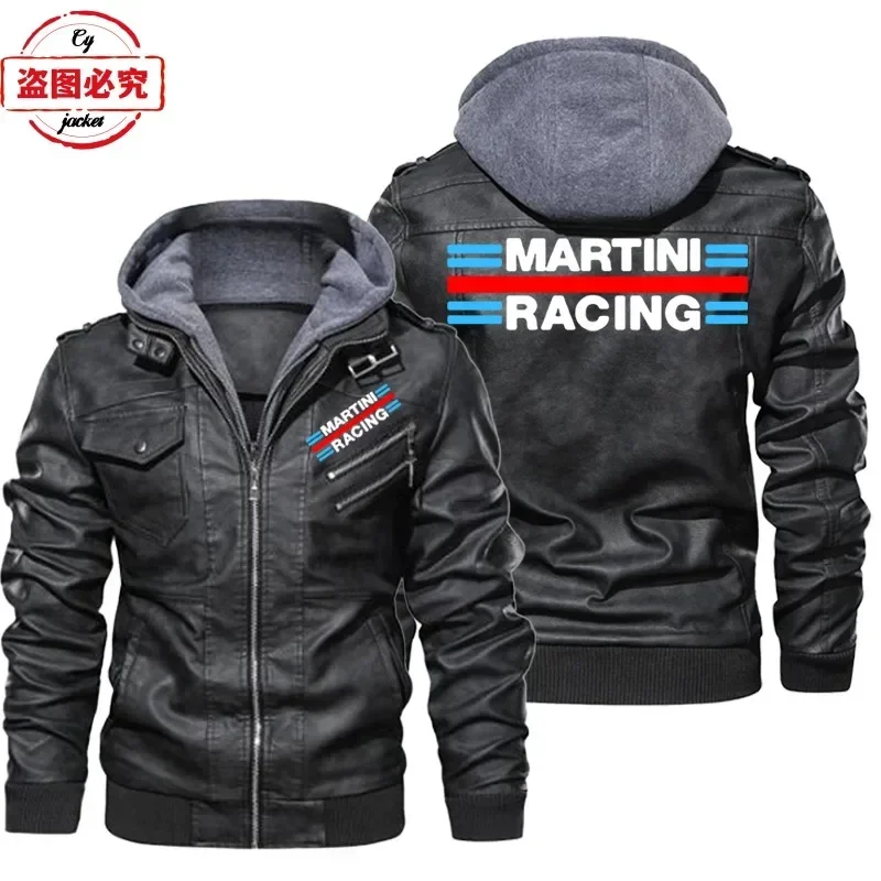 Martini Racing Logo Printed Racing Suit PU Leather Jacket Windproof Men's Hooded Leather Jacket Team Uniform Work Uniform