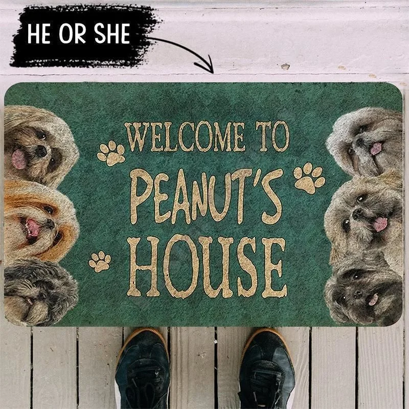 VIKAMA Welcome Dog House Paw Print Green Golden Pet Animal Art Flannel Door Mat Non Slip Entryway Bedroom Living Room Home Decor