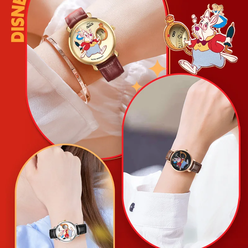 Disney Alice In Wonderland Wristwatch Cartoon Mr. White Rabbit Vintage Dial Needleless Design for Men and Women Quartz Watches