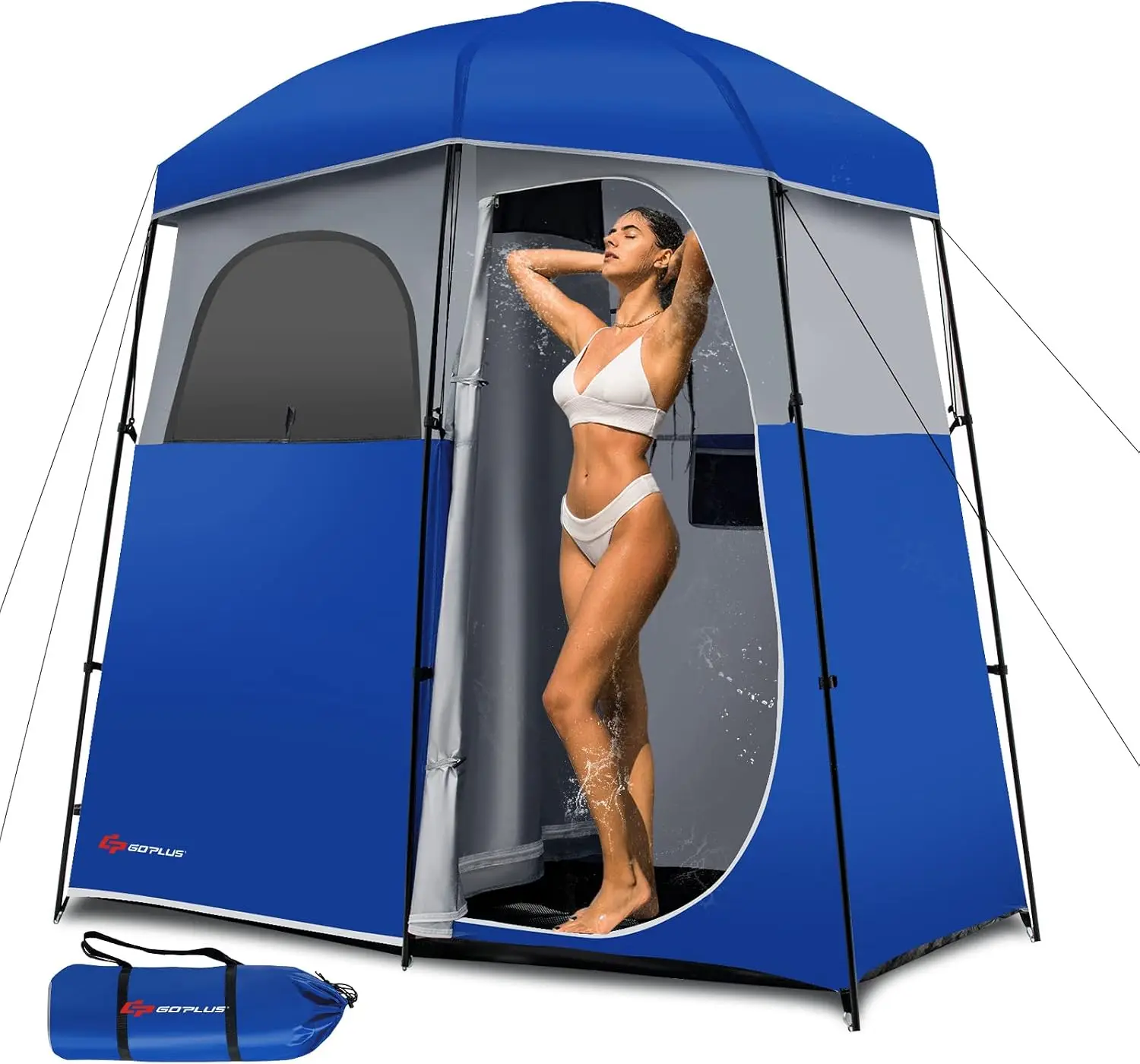 2 Room Shower Tent, Portable Camping Changing with Floor Drain, Detachable Rain Fly, Stakes & Ropes, UV Protection, Water