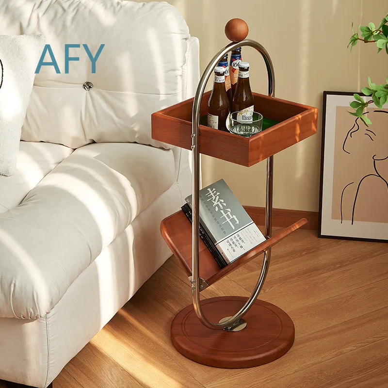 Nordic Retro Solid Wood Side Table for Living Room with Storage Compartment Portable Minimalist Modern End Table for Small