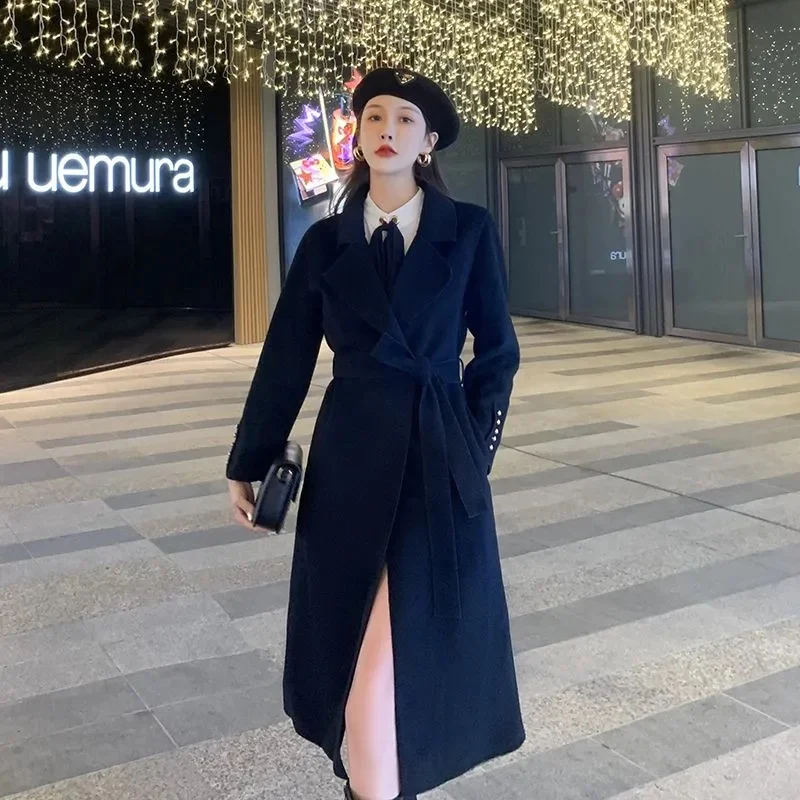 Office Lady Woolen Jackets 2025 Autumn And Winter Elegant All-Match Lace Up Loose Long Women's 100% Wool Coats