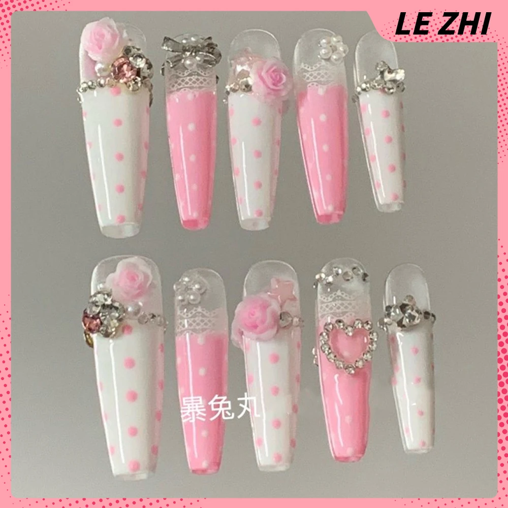 10Pcs Spicy Girl Long Coffin Handmade Press On Nails Rhinestone Flower Polka Point Musical Notes Bowknot Nail Party Sticker Gift - view 3