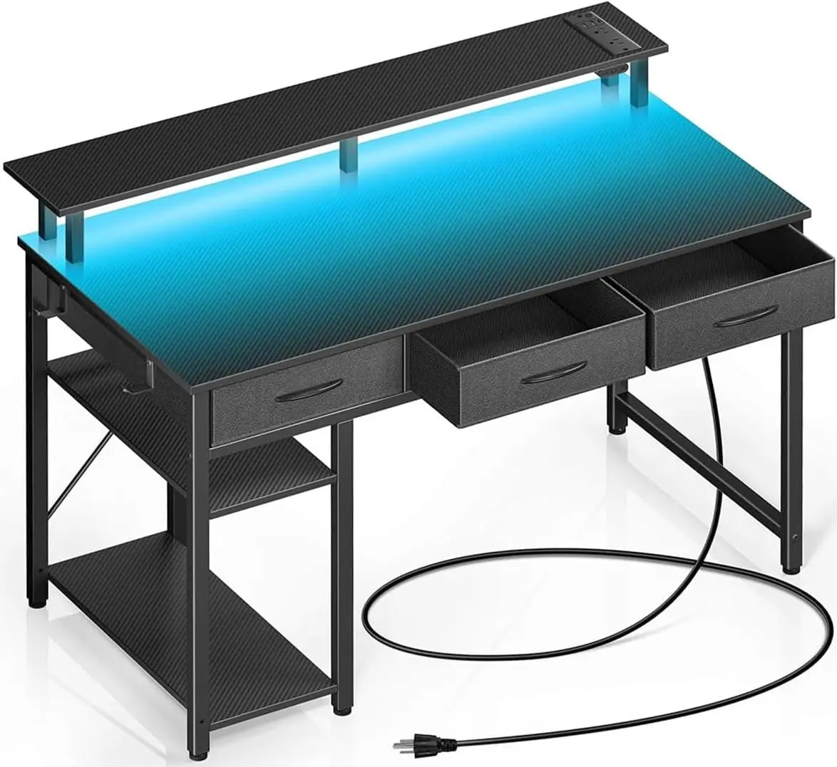39 inch Computer Desk with Power Outlets & LED Light, 3 Drawers Storage Shelves Monitor Stand, Home Office Writing Desk, Black,