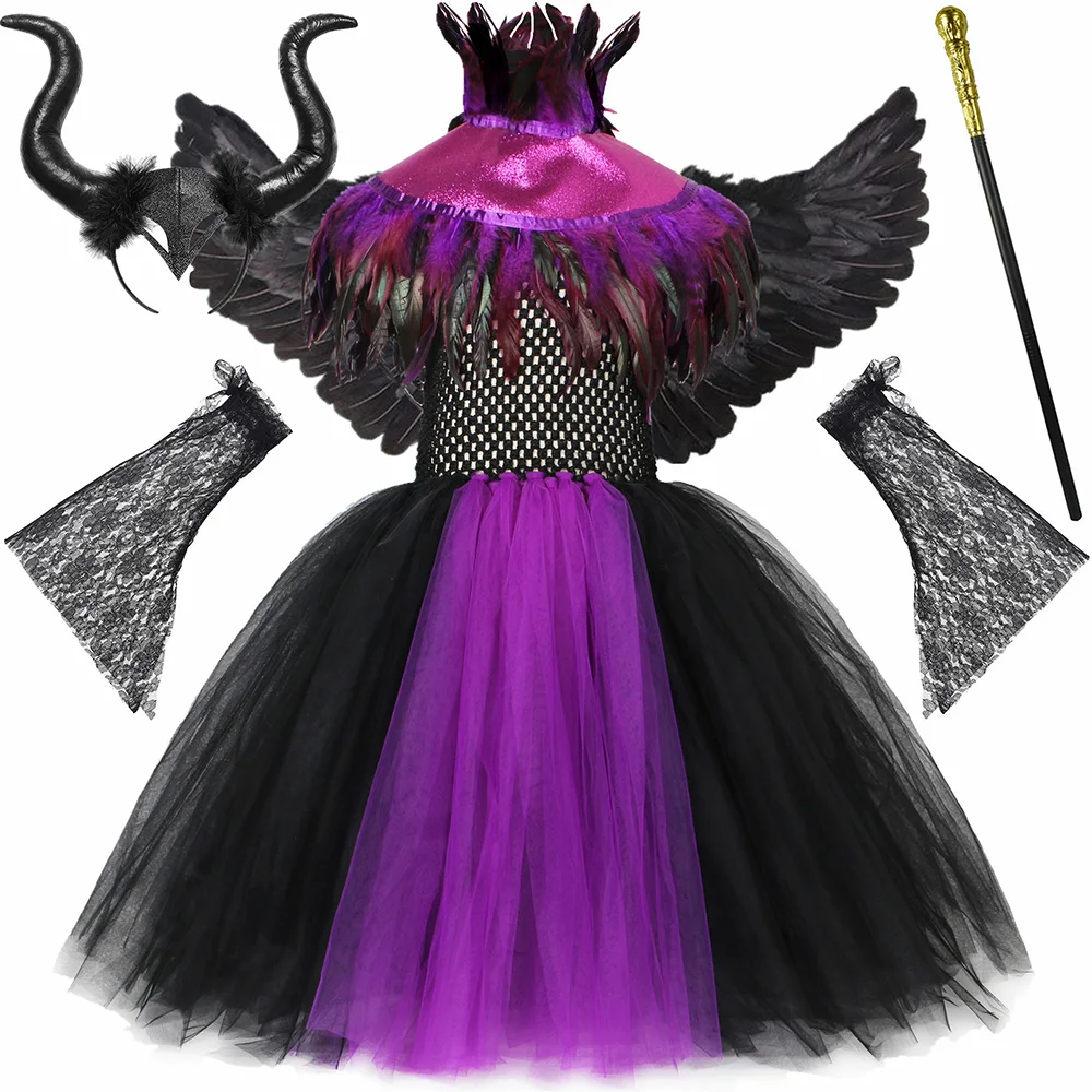 Girls Halloween Evil Dark Queen Tutu Dress Hi-Low Hem Kids Wicked Witch Ball Gown for Cosplay Party Carnival Fancy Costume 1-12Y