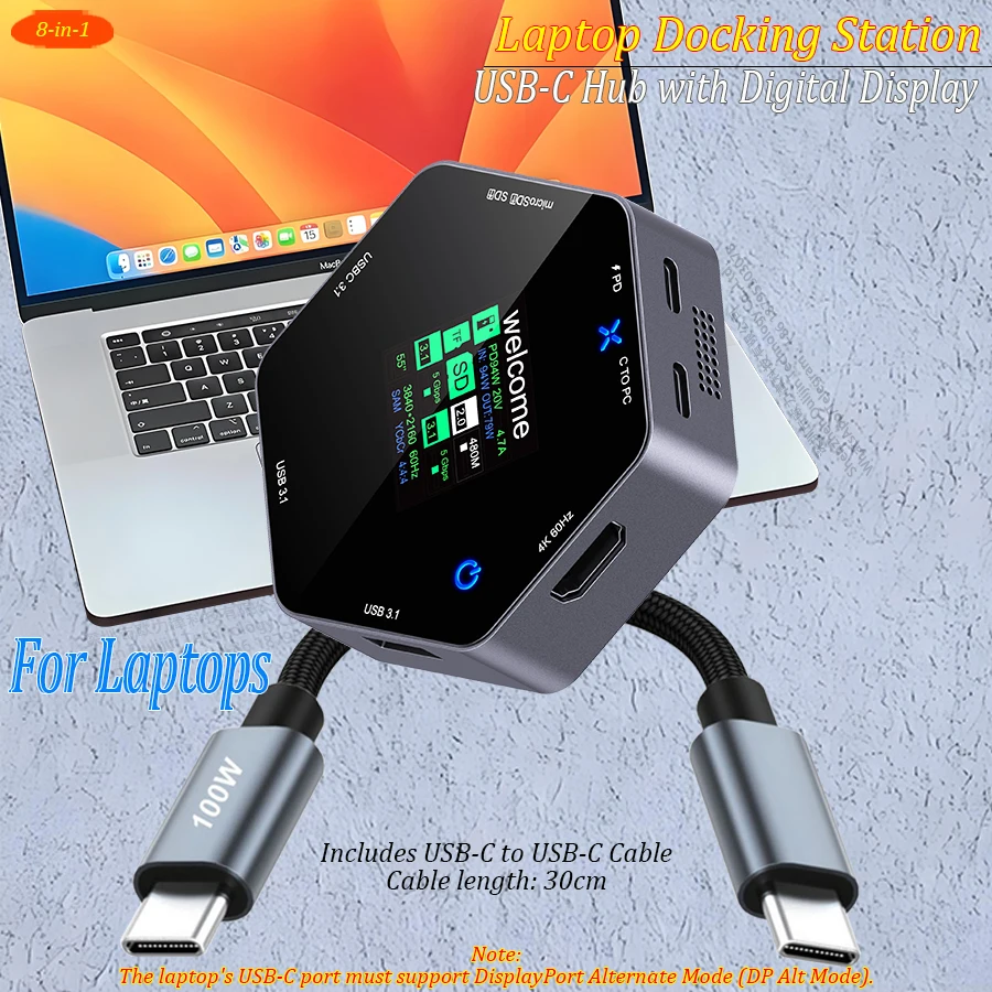 

Концентратор USB-C с цифровым дисплеем, USB Type-C на 4K 60 Гц HDMI USB3.1 SD TF PD 100 Вт, адаптер для ноутбука, док-станция для MacBook, Lenovo, Dell, HP, Asus