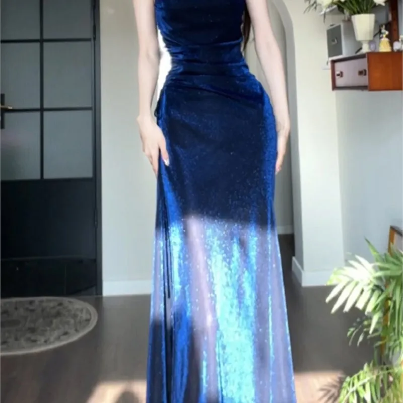 Large size blue bright silk halter fishtail dress feminine temperament elegant sense of small luxury