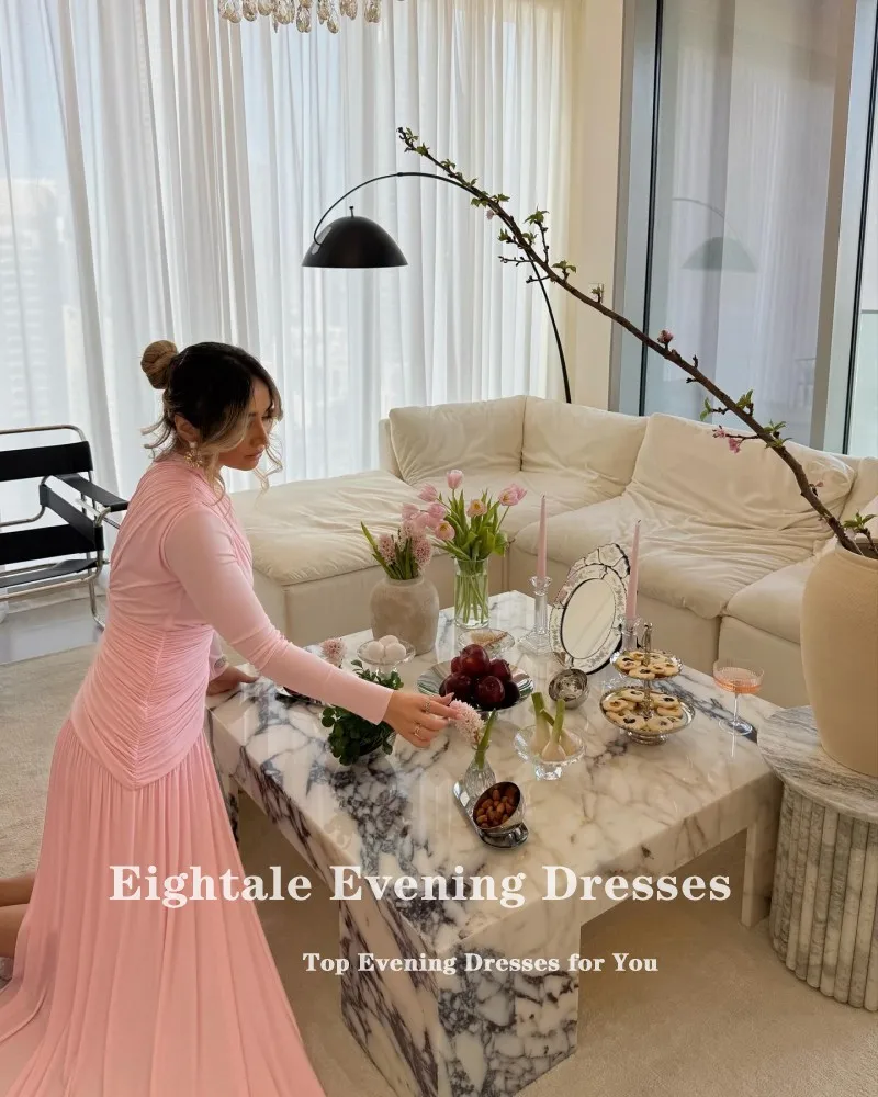 Eightale Arabic Evening Dress Pink Chiffon O-Neck Pleat Long Sleeves Customized Prom Gown Muslim Party Dress robe de soiree image 3