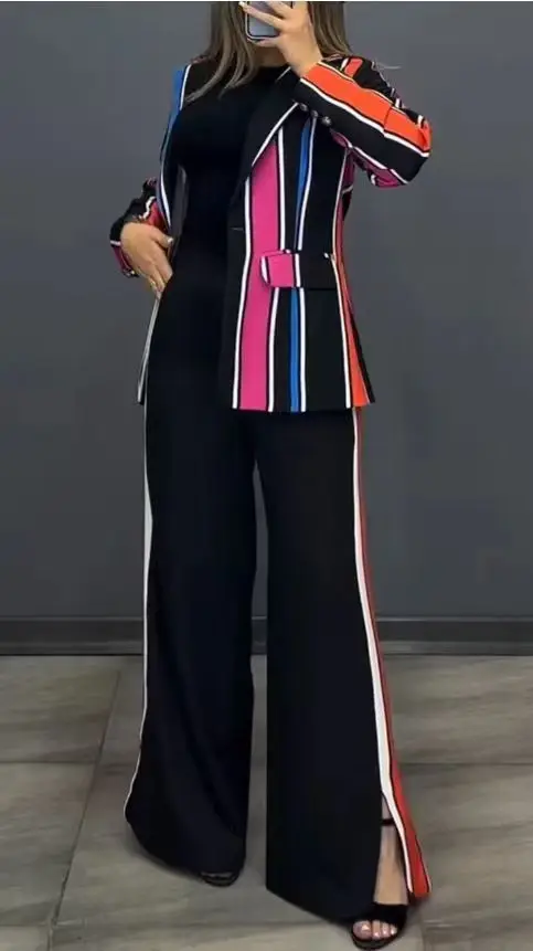 New Women\'s Blazer 2-piece Set Fashion Elegant Striped Blazer Jacket + Wide-leg Pants Slits Two-piece Suit Office Ladies Clothes