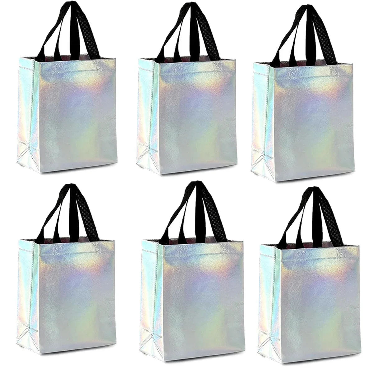 

4 Pcs Iridescent Color Non-Woven Handled Bags Holographic Birthday Party Supplies Gift Reusable Candy Goodie Bags Glossy Tot