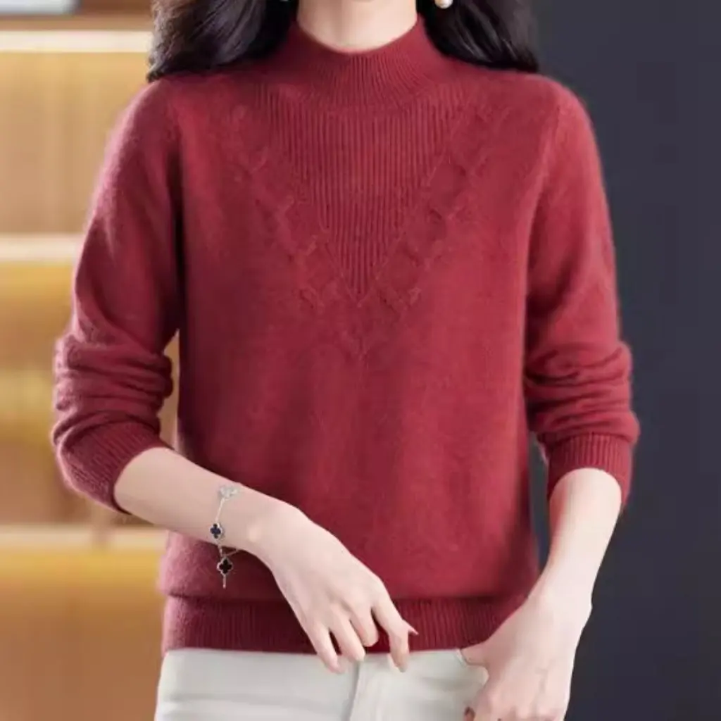 

Women's Thickened Imitation Cashmere Base Shirt Autumn Winter Elegant Commuter Semi-turtleneck Sweater for Middle-aged Mothers