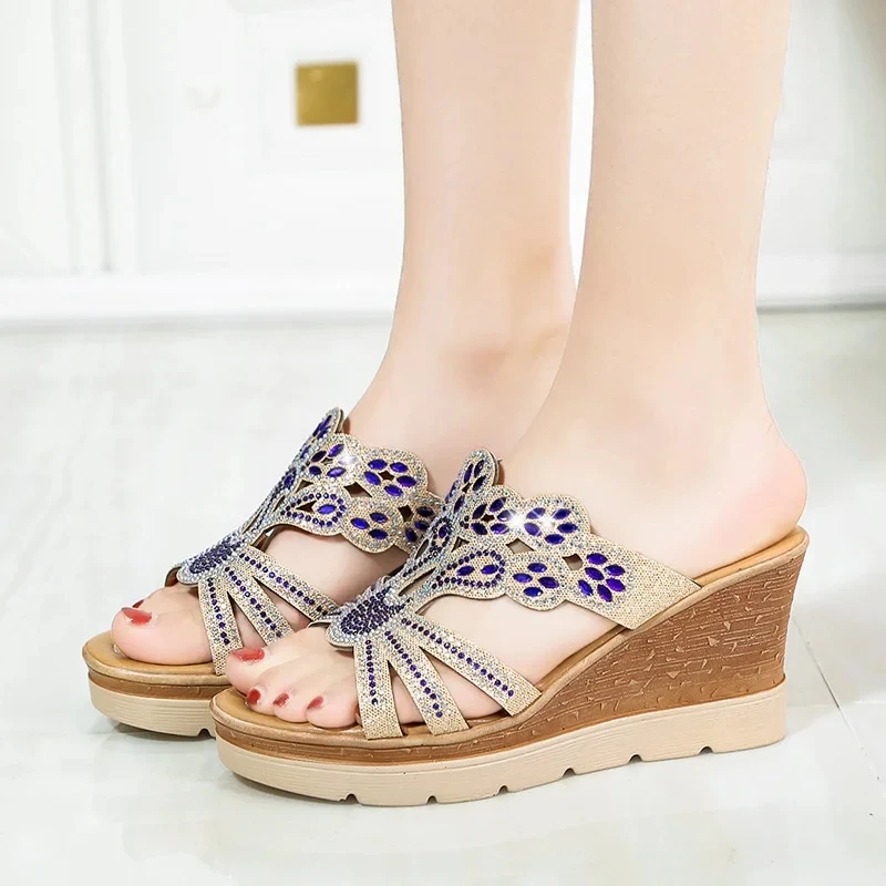 Women Round Toe Wedges Heel Shoes Casual Open Toe Comfort Spring Summer Rhinestone Slippers Party Rhinestones Sandals