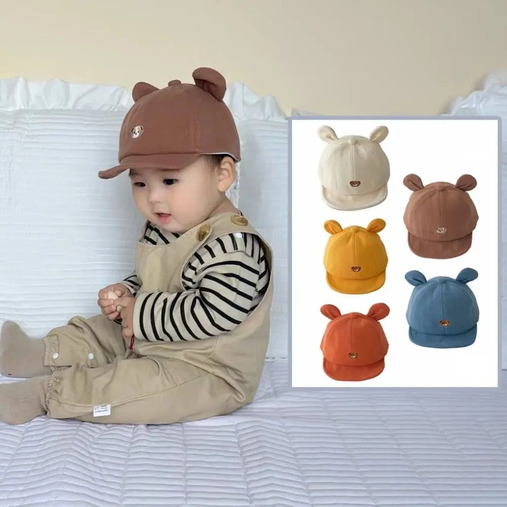Warme, verstellbare Kinder-Fischermütze, Cartoon-Bär-Ohr-Baby-Visiermütze, einfarbig, bestickt, Baby-Sonnenhut für Jungen