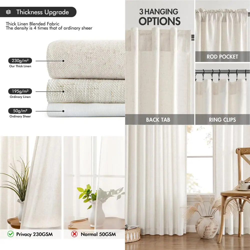 

Светофильтрующие полупрозрачные льняные шторы, дизайн задней панели, 52 x 100, натуральный белый цвет для домашнего декора