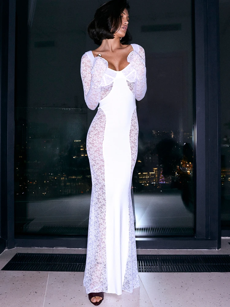 เดรสยาวซีทรูเซ็กซี่แบบมีลูกไม้ โมซิชั่น สำหรับผู้หญิง ดีไซน์หรูหรา ผ้าซีทรูแต่งผ้าต่อกัน คอวี แขนยาว ทรงเข้ารูป เหมาะสำหรับงานปาร์ตี้และคลับ