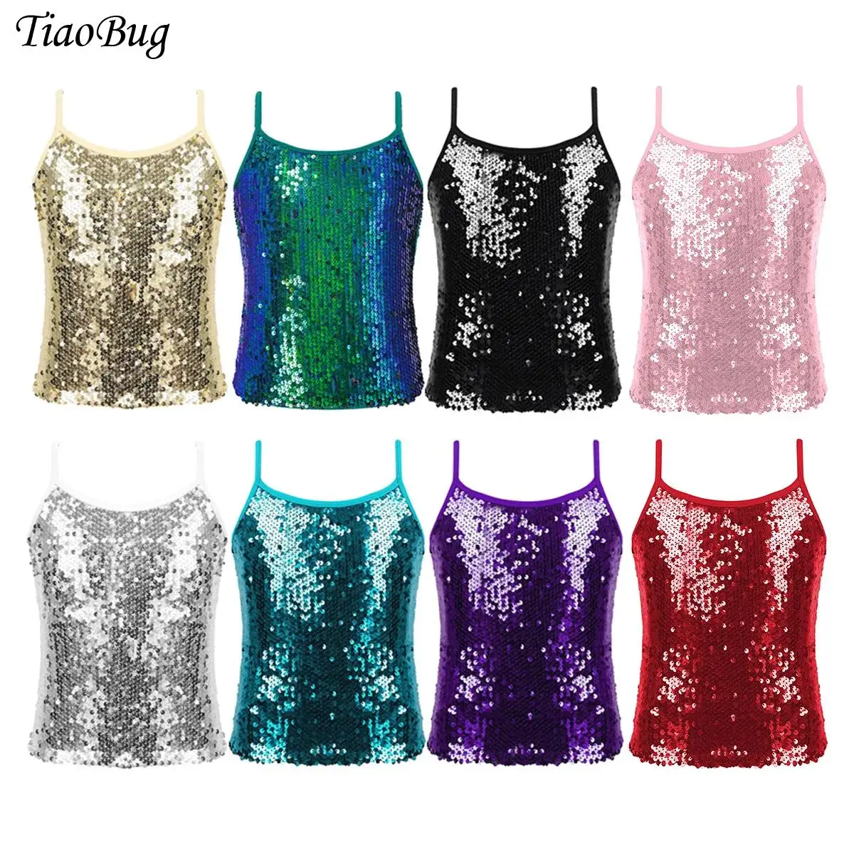 Kids Girls Shiny Sequin Camisole Tanks Top New Jazz Dance Costume Sleeveless Vest Tops for Ballet Dancing Performance Streetwear