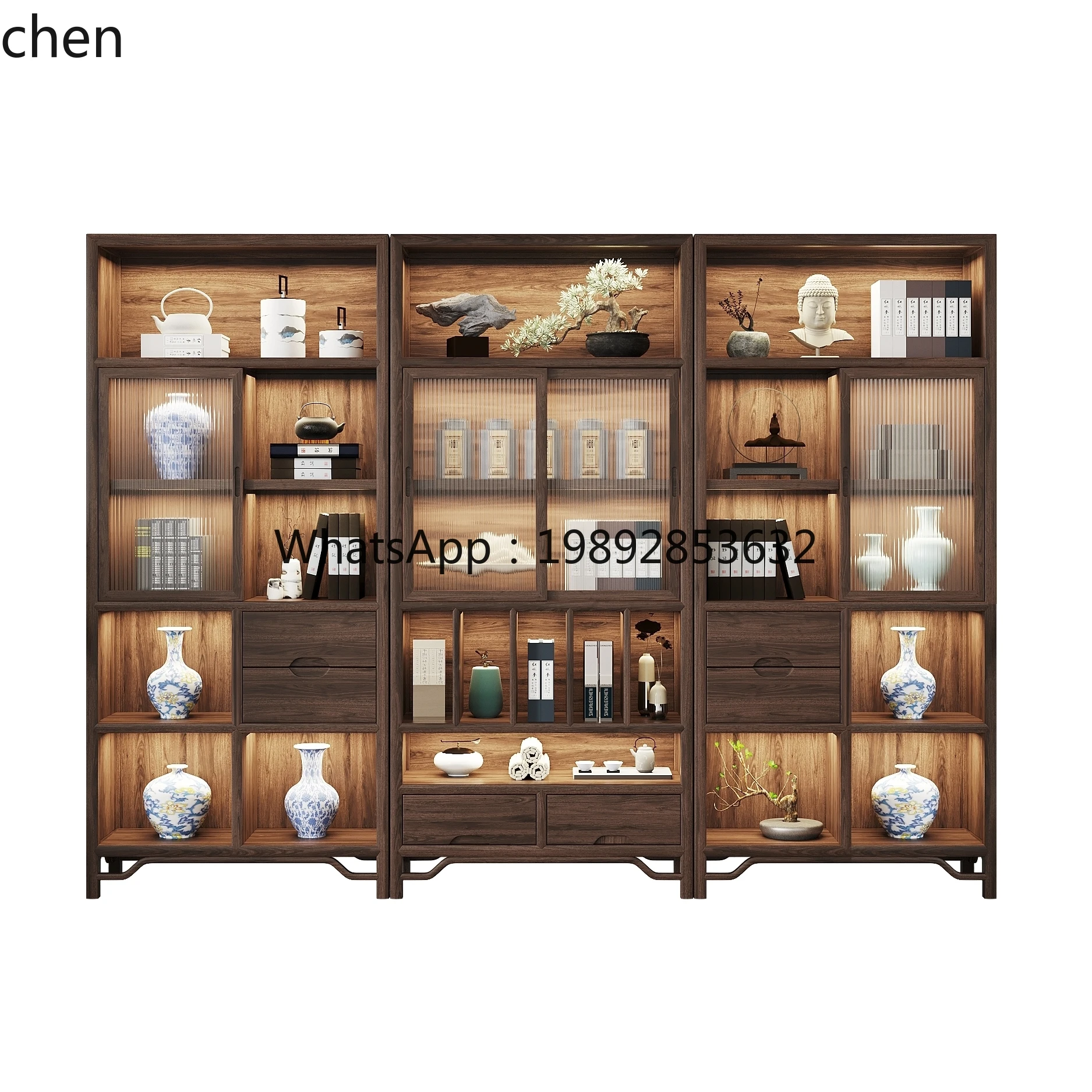 solid wood sliding glass bookshelf living room bookcase with cabinet door floor tea room locker - view 5