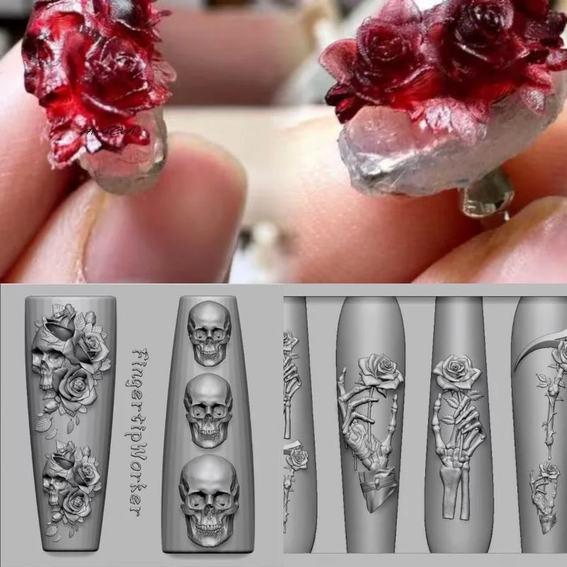 Rose Blume Schädel Silikon Nail art Formen DIY Transparent Carving Form Skelett Hand Design Nail art Dekorationen