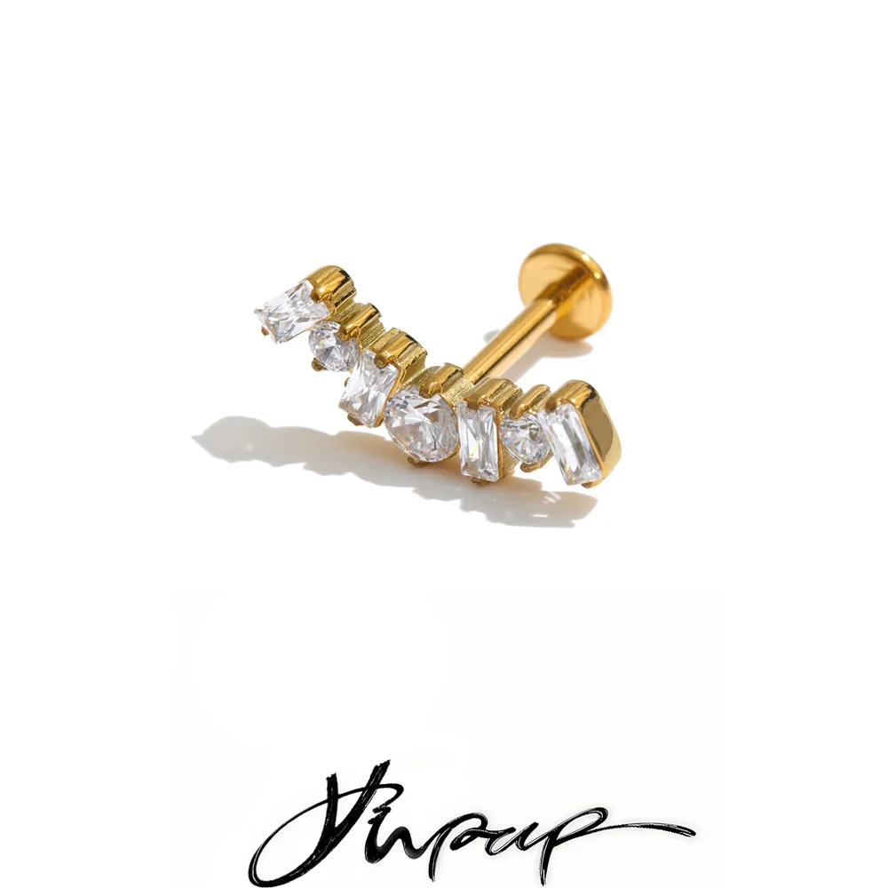 Yhpup 1PC 316 Stainless Steel Cubic Zirconia Flat Back Earring 18K PVD Plated Premium Rust Proof Piercing Body Jewelry