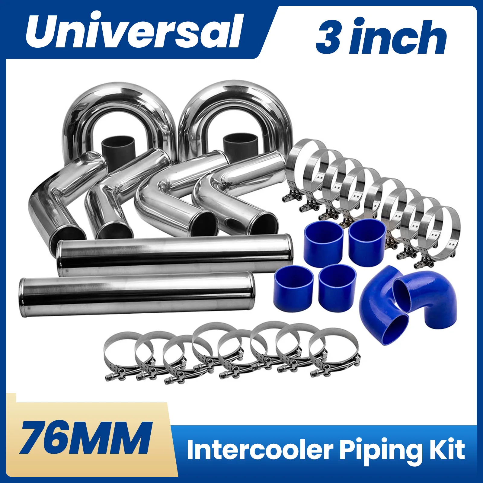 3.0" 600x300x76 Intercooler + Turbo Intercooler Piping Pipe Kits + Hose Kit Uni.
