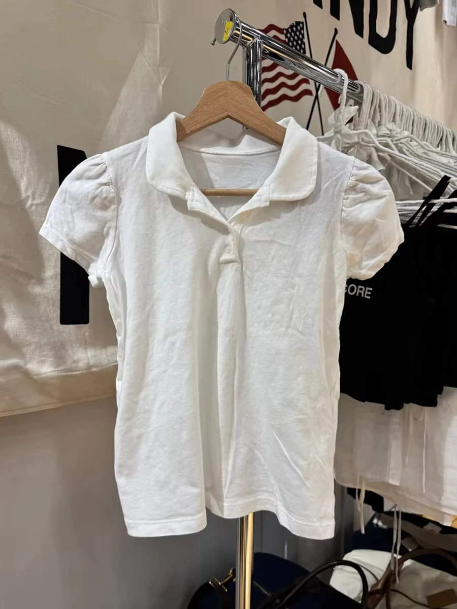 Polo White Cotton T-shirt Women Summer New Strweetwear  Turn Down Collar Short Sleeve Tees Sweet Preppy Style Cute T Shirt Y2K