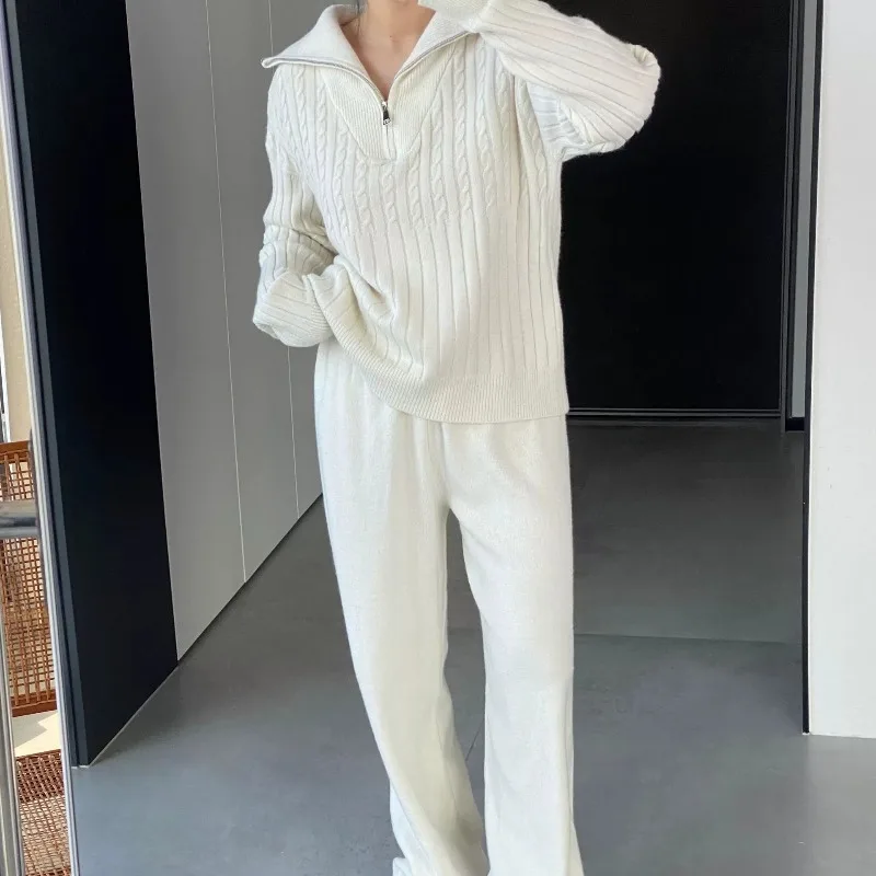 

Повседневный свободный вязаный свитер с полумолнией и лацканами, однотонный вязаный свитер с длинными рукавами, пуловер + брюки с эластичной резинкой на талии, комплект из 2 предметов, зимний женский костюм