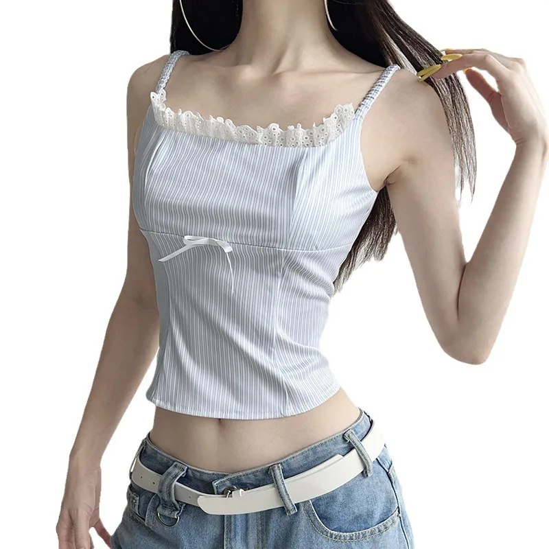 2025 New French Style Lace Trimmed Bow Waist-fitted Slim Striped Tank Top Fresh Color Blocking Versatile Outer Wear for Women's